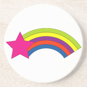 Cute Neon Pink Star and Colourful Whimsical Rainbo Coaster