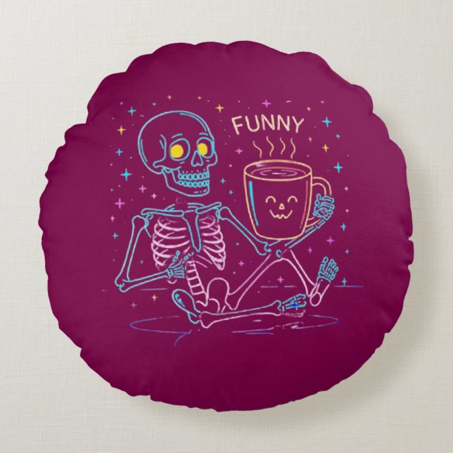 Cute Neon Skeleton Drinking Coffee – Funny Pastel  Round Pillow (Front)