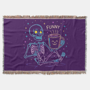Cute Neon Skeleton Drinking Coffee – Funny Pastel Throw Blanket