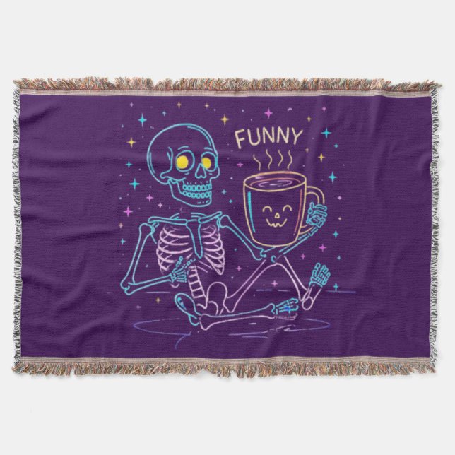 Cute Neon Skeleton Drinking Coffee – Funny Pastel  Throw Blanket (Front)