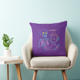 Cute Neon Skeleton Drinking Coffee – Funny Pastel  Throw Pillow