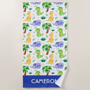 Cute Neon Watercolor Dinosaur Pattern Beach Towel