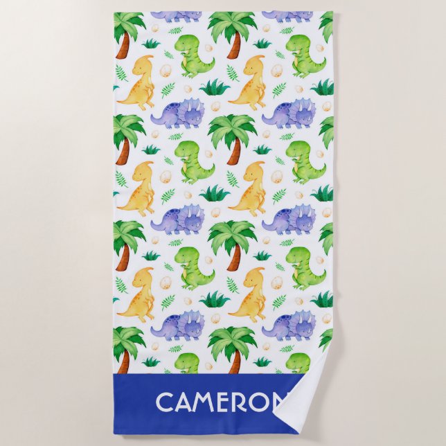 Cute Neon Watercolor Dinosaur Pattern Beach Towel (Front)