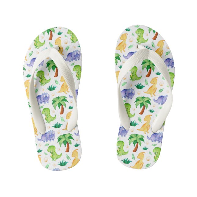 Cute Neon Watercolor Dinosaur Pattern Kid's Flip Flops (Footbed)