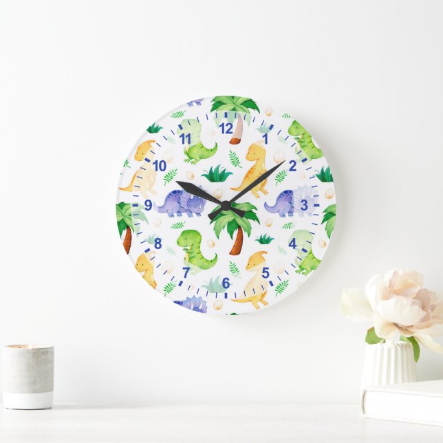 Cute Neon Watercolor Dinosaur Pattern Large Clock (Home)