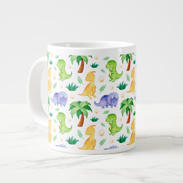 Cute Neon Watercolor Dinosaur Pattern Large Coffee Mug (Front Left)