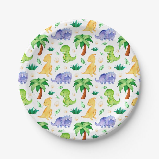 Cute Neon Watercolor Dinosaur Pattern Paper Plate (Front)