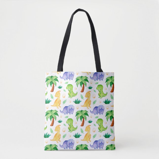 Cute Neon Watercolor Dinosaur Pattern Tote Bag (Front)