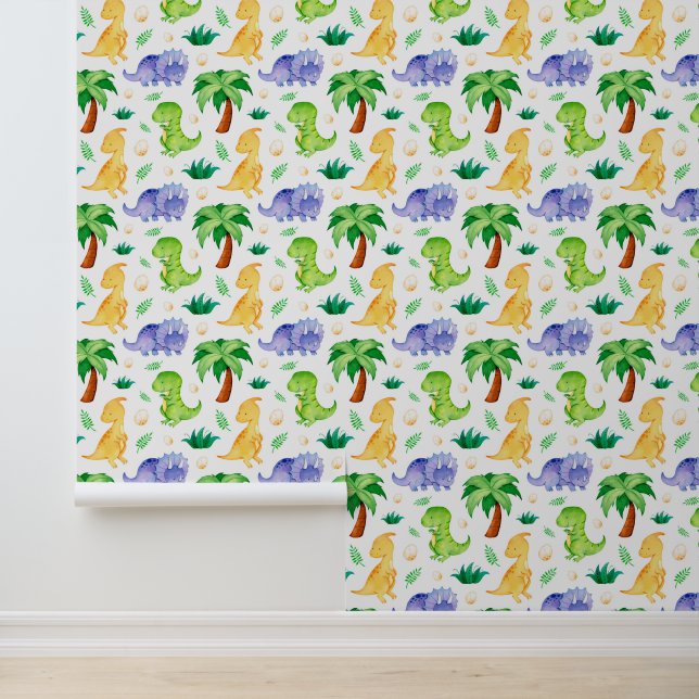 Cute Neon Watercolor Dinosaur Pattern Wallpaper (Application)
