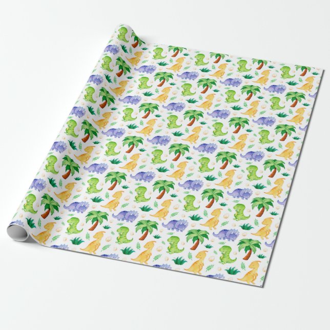 Cute Neon Watercolor Dinosaur Pattern Wrapping Paper (Unrolled)