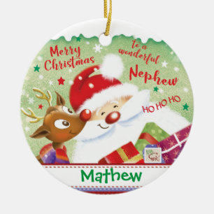 Cute Nephew, Santa, Deer & Presents, Christmas Ceramic Ornament