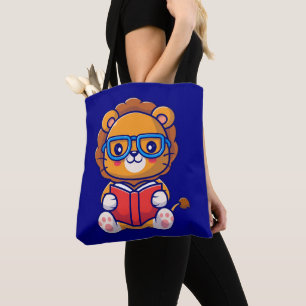 Cute Nerd Lion Reading a Book Tote Bag