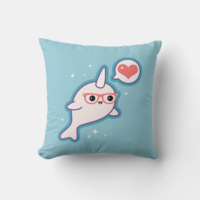 Cute Nerd Narwhal Throw Pillow (Front)