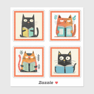 Cute Nerdy Cats Reading Books Whimsical Stamp Pack