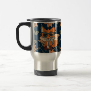 Cute Nerdy Fox Vintage Floral Dark Blue Botanical Travel Mug