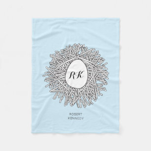 Cute Nest & Egg Personalized Initials & Name Blue Fleece Blanket