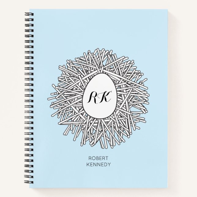 Cute Nest & Egg Personalized Initials & Name Blue Notebook (Front)