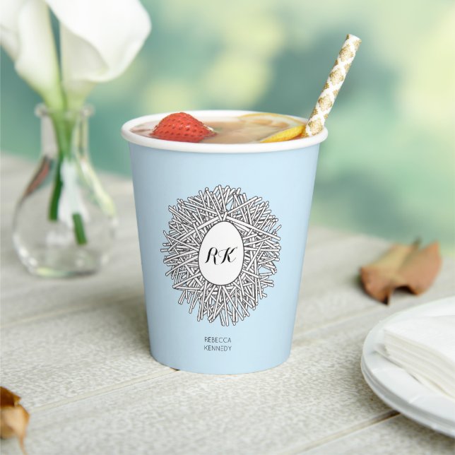 Cute Nest & Egg Personalized Initials & Name Blue  Paper Cups (Insitu)