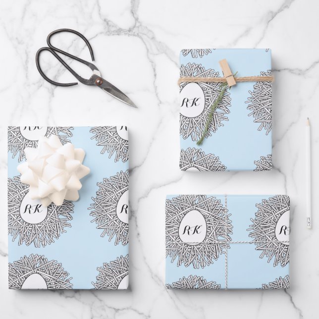 Cute Nest & Egg Personalized Initials & Name Blue Wrapping Paper Sheet (Front)