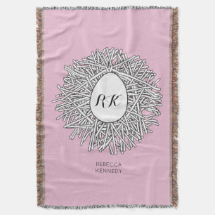 Cute Nest & Egg Personalized Initials & Name Pink Throw Blanket