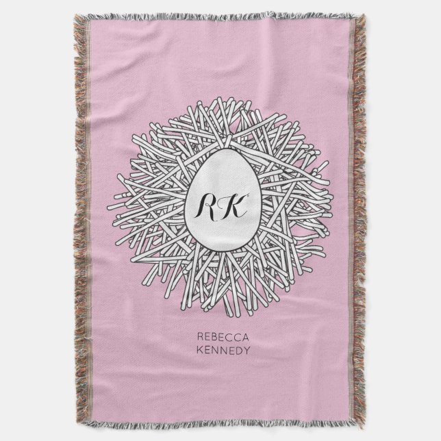 Cute Nest & Egg Personalized Initials & Name Pink Throw Blanket (Front Vertical)