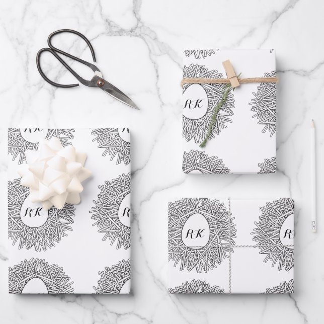 Cute Nest & Egg - Personalized Initials & Name Wrapping Paper Sheet (Front)