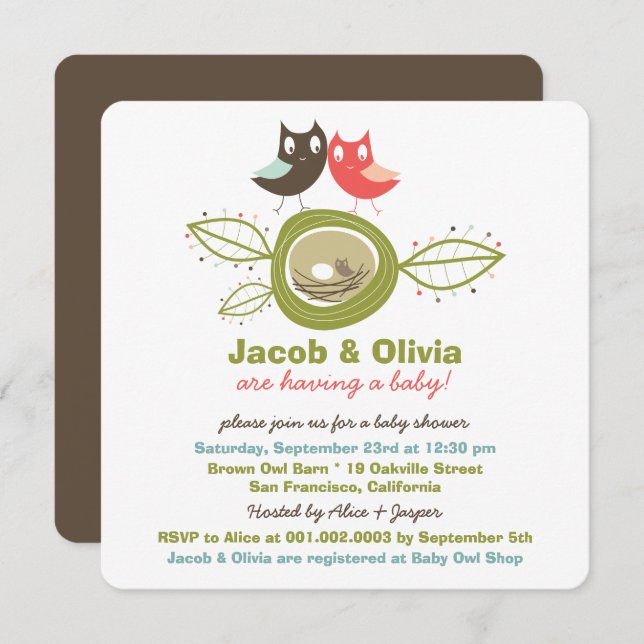 Cute Nesting Owl Family Baby Shower Invitation (Front/Back)