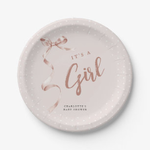 Cute Neutral Bow Ribbon Girl Baby Shower Paper Plate