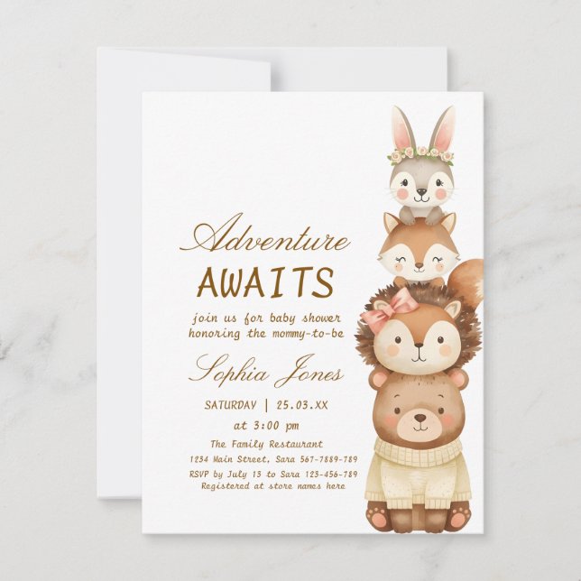 Cute Neutral Forest Animals Baby Shower Invitation (Devant)