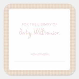 Cute Neutral Plaid Gingham Baby Shower Bookplate Square Sticker
