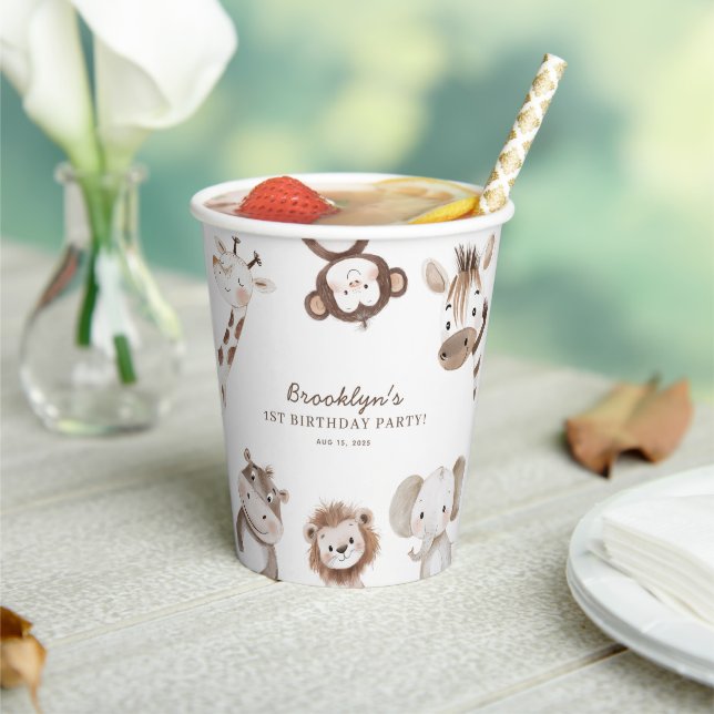 Cute Neutral Safari Jungle Birthday Party Kids Paper Cups (Insitu)