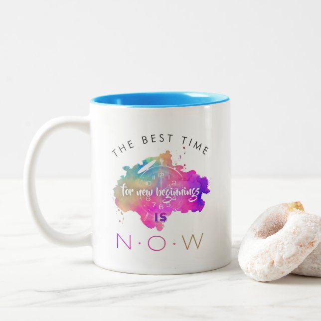 Cute New Beginnings Start Now Motivational Quote Two-Tone Coffee Mug (With Donut)