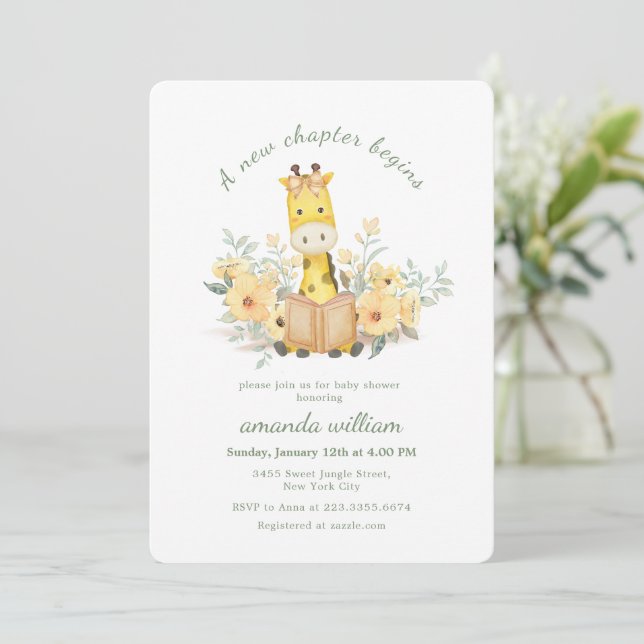 Cute New Chapter Begins Garden Giraffe Baby Shower Invitation (Standing Front)