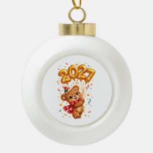 Cute New Year Bear with Golden 2027 Balloons  Ceramic Ball Christmas Ornament