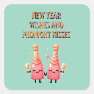 Cute New Year Wishes & Midnight Kisses Kawaii Square Sticker