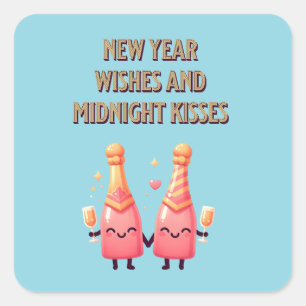 Cute New Year Wishes & Midnight Kisses Kawaii Square Sticker