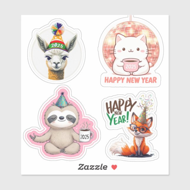 Cute New Years Animal Stickers, 2025 Stickers  (Sheet)