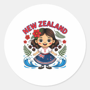 Cute New Zealand Girl With Fern And Waves Dor Kids Classic Round Sticker
