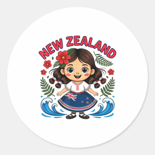 Cute New Zealand Girl With Fern And Waves Dor Kids Classic Round Sticker (Front)