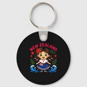 Cute New Zealand Girl With Fern And Waves Dor Kids Keychain