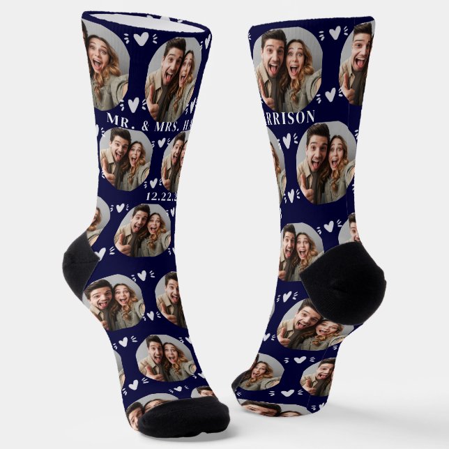 Cute Newlyweds Photo Wedding Navy Socks (Angled)