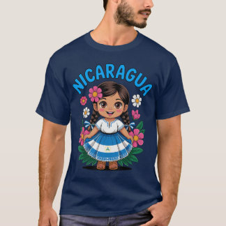 Cute Nicaragua Girl Traditional Dress with Flag Ar T-Shirt