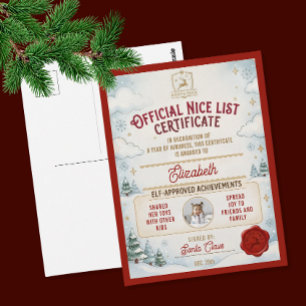 Cute Nice List Red Winter Photo Santa Certificate Postcard