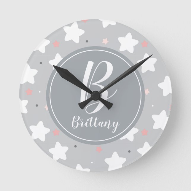 Cute Night Sky with Custom Monogram and Name Round Clock (Front)