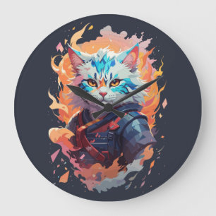 Cute Ninja Cat Warrior Design Large Clock