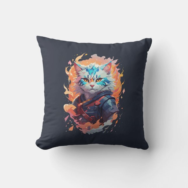 Cute Ninja Cat Warrior Design Throw Pillow (Front)