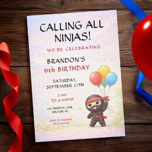 Cute Ninja Holding Colorful Balloons Kids Birthday Invitation