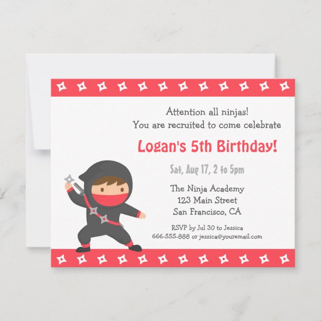 Cute Ninja Kids Birthday Party Invitations (Front)