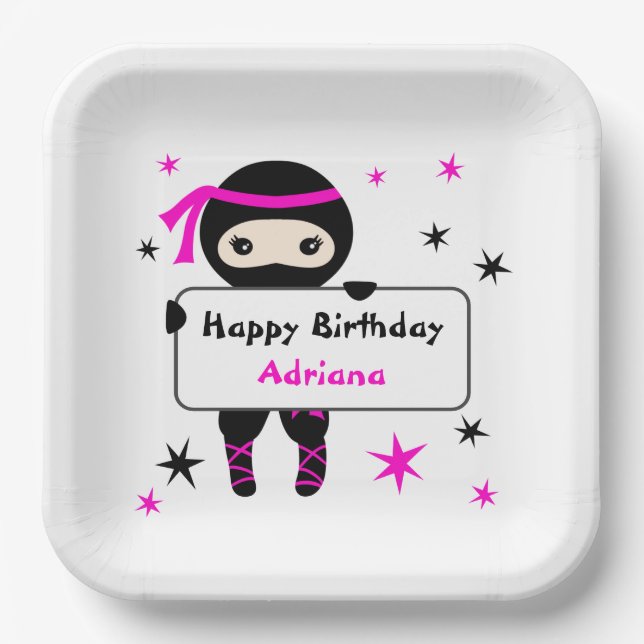Cute Ninja Kids Warrior Girl Pink Bday Party  Paper Plate (Front)