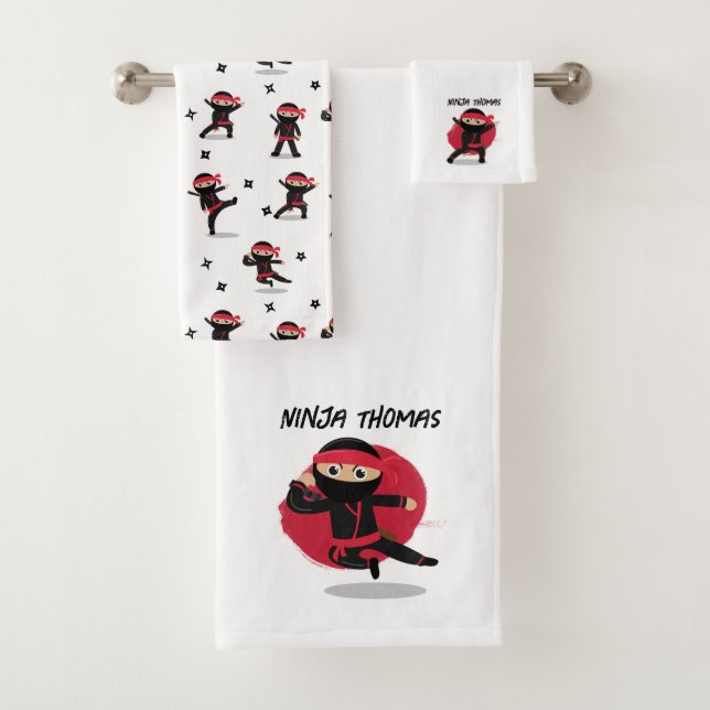Cute Ninja Warrior Black & Red Kids Bath Towel Set (Insitu)